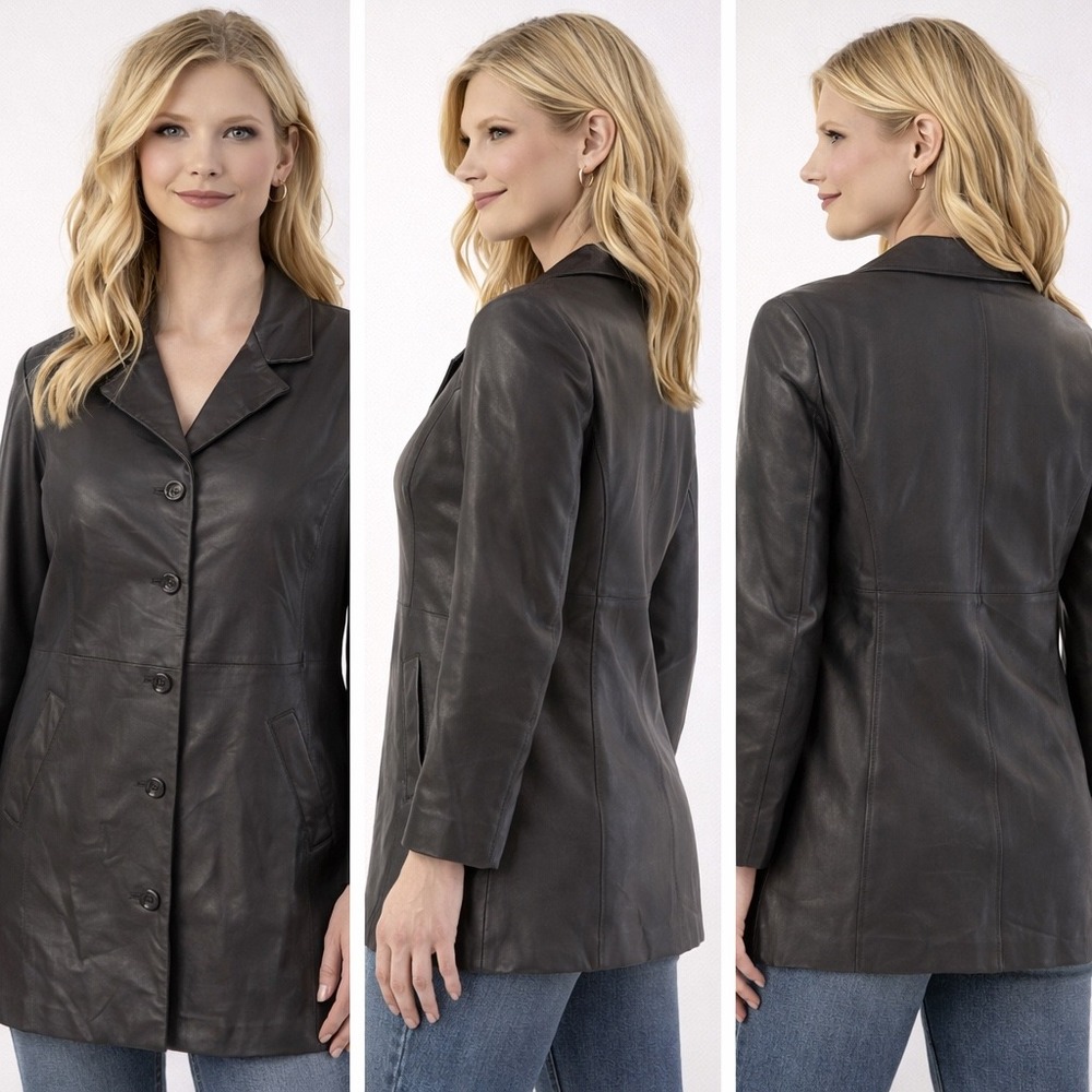 Croft & Barrow Lambskin Leather Jacket Womens XL Black Button Front Mid‎ Length